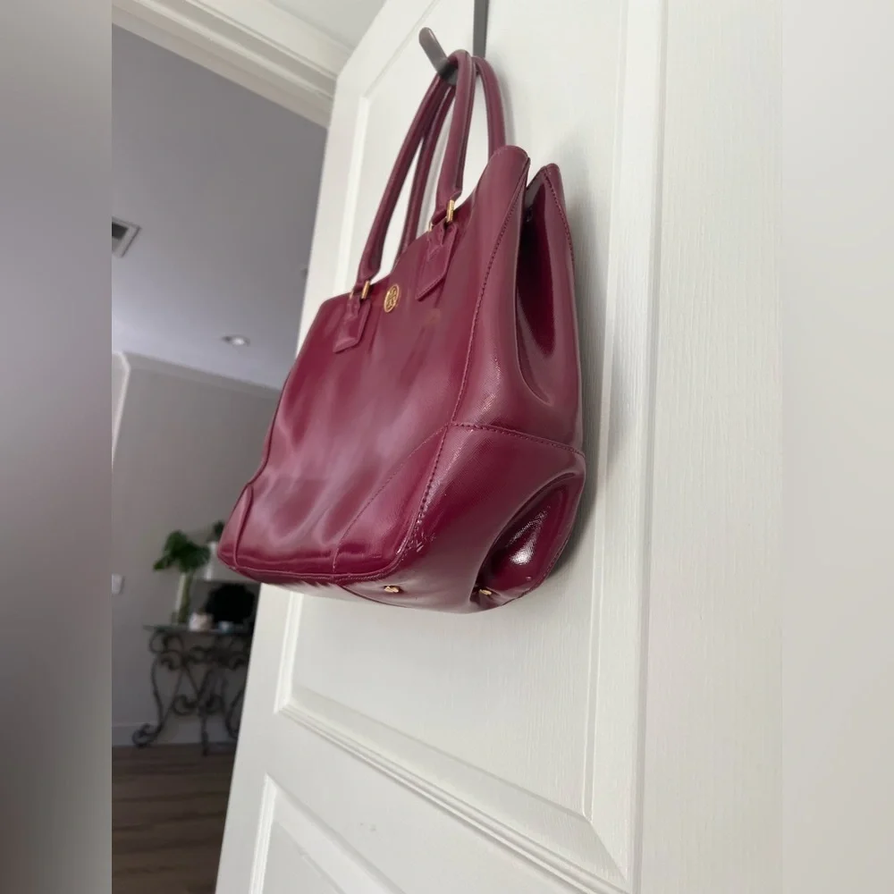 Tory Burch Burgundy Patent Leather Tote Structured Work Bag